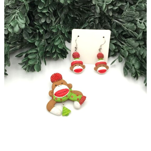 Vintage Sock Monkey Holiday Earrings & Brooch Set - Picture 2 of 3